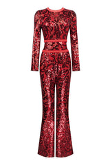 Sparkly Sequin Floral Round Neck Long Sleeve Belted Flare Lace Jumpsuit