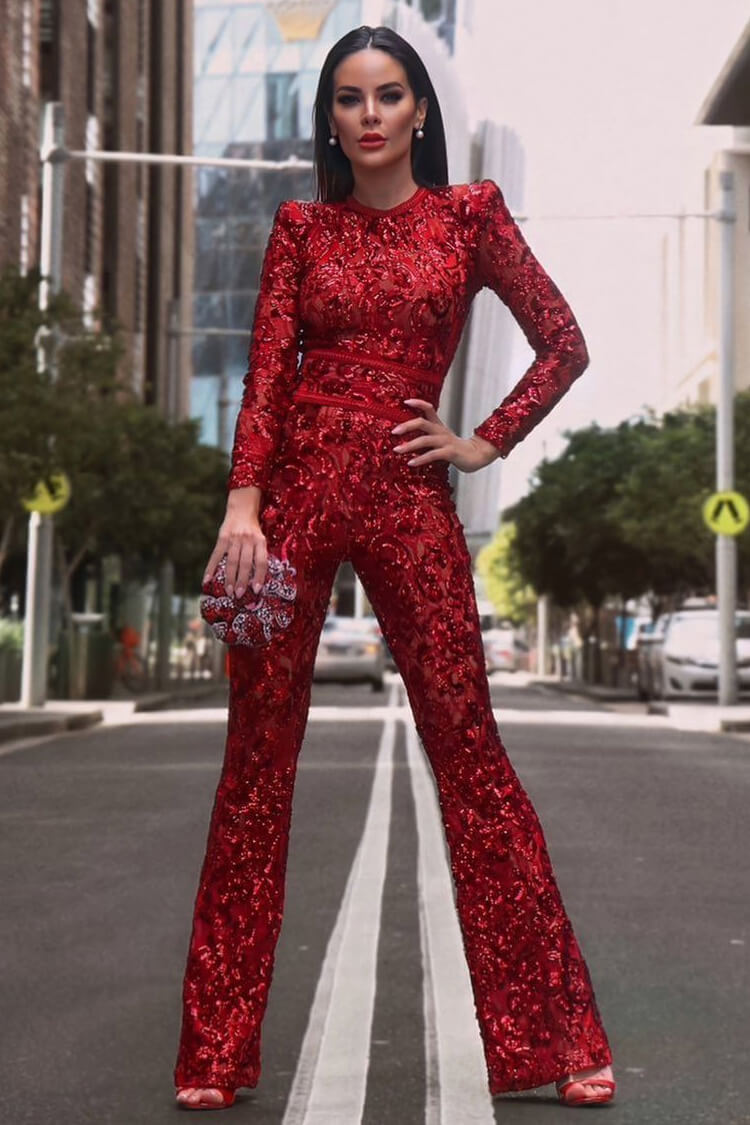 Sparkly Sequin Floral Round Neck Long Sleeve Belted Flare Lace Jumpsuit