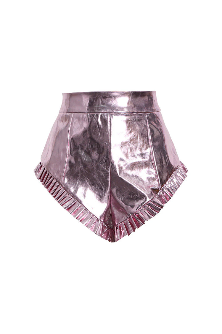 Spicy Metallic Effect High Waist Pleated Hem Flare Leg Leather Micro Shorts