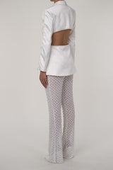 Sumptuous Beaded Cut Out Sheer Sequin Pant Two Piece Rosette Blazer Set