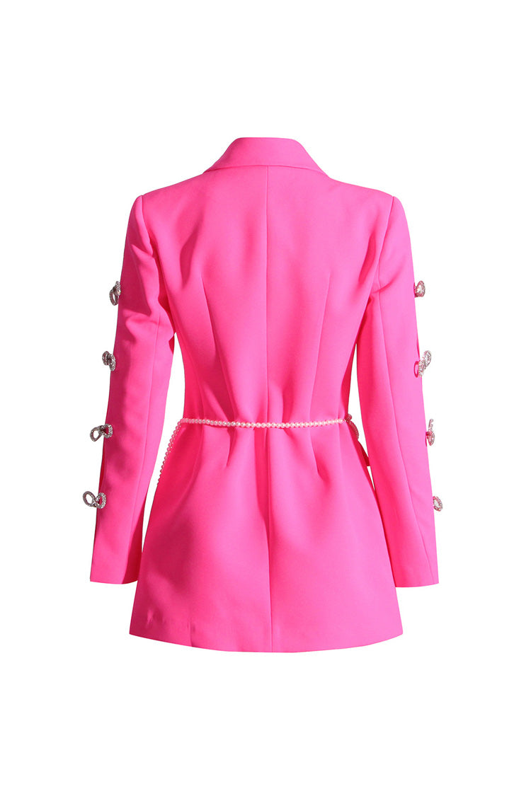 Sweet Faux Pearl Belted Cinched Waist Cutout Crystal Bow Party Blazer