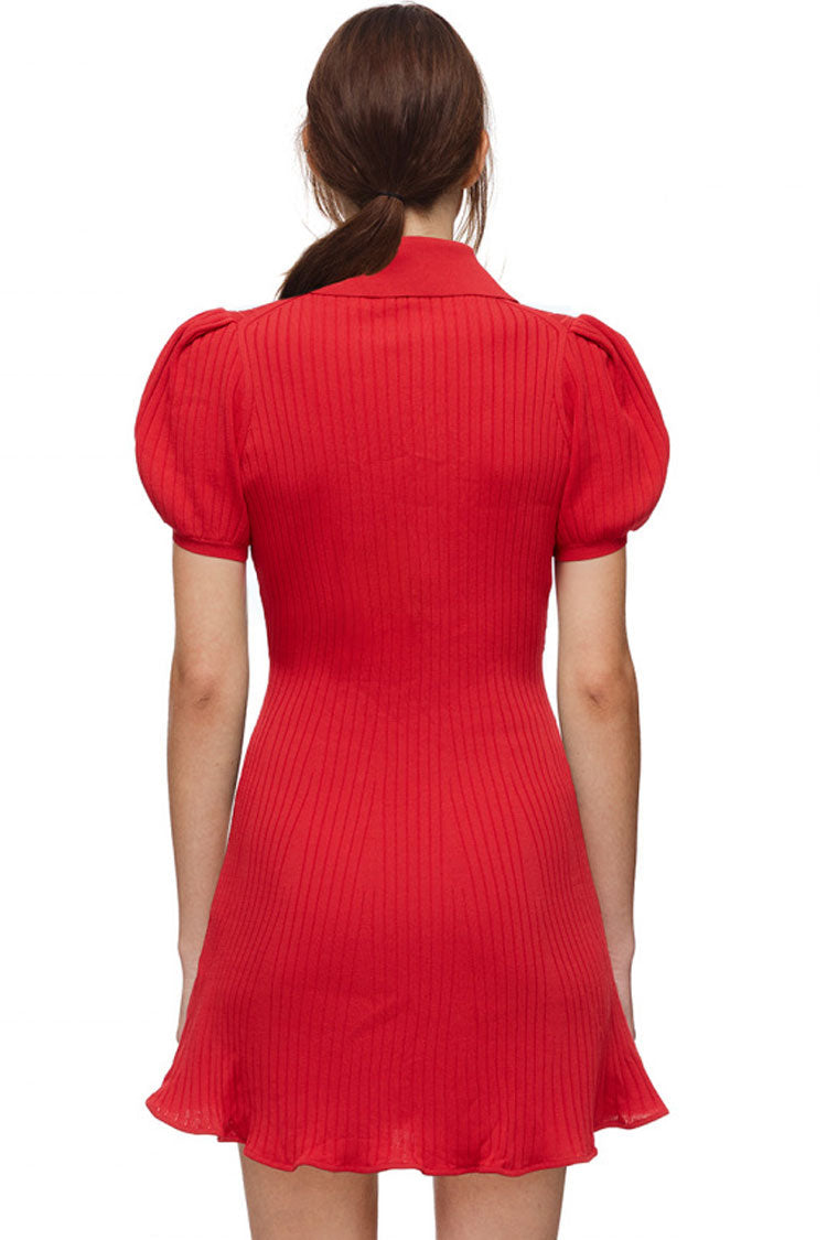 Trendy Puff Sleeve Ribbed Winter Polo Sweater Mini Dress - Red