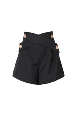 Trendy Wrap Effect Gold Trim Ruched High Rise Wide Leg Tailored Shorts