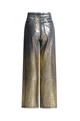 Unique Metallic Foil Coated Blue and Gold High Waist Wide Leg Baggy Jeans