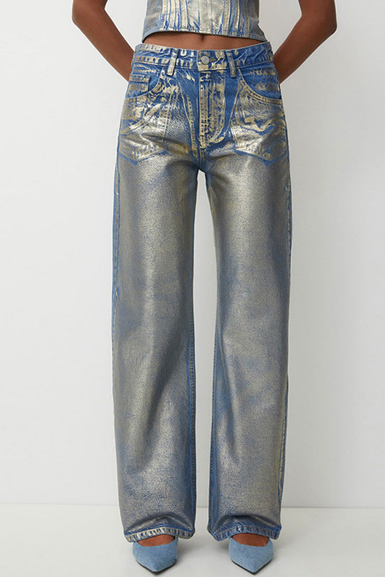 Unique Metallic Foil Coated Blue and Gold High Waist Wide Leg Baggy Jeans