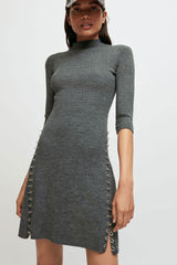 Unique Ring High Neck Winter Cashmere Sweater Mini Dress - Gray