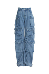 Urban Multiple Pocket Ruched High Waist Full Length Horseshoe Cargo Jeans