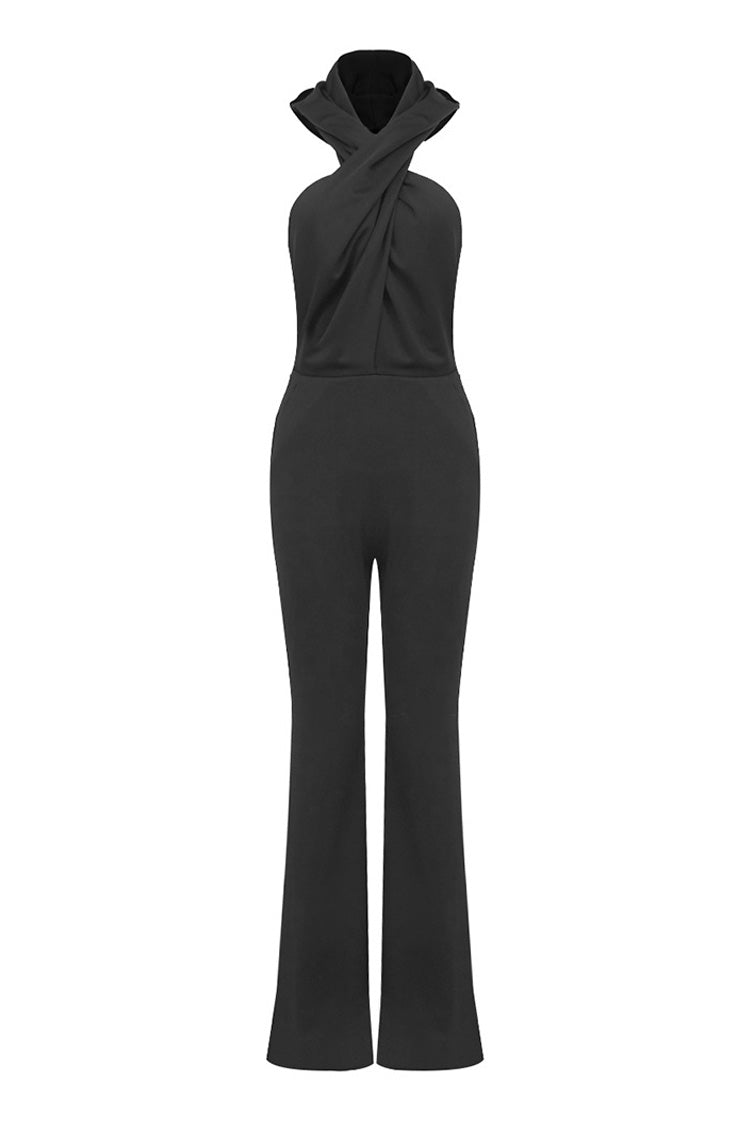 Versatile Crossover Halter High Waist Backless Hooded Bootcut Jumpsuit