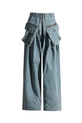 Versatile High Rise Exposed Zipper Wide Leg Full Length Ruched Cargo Jeans