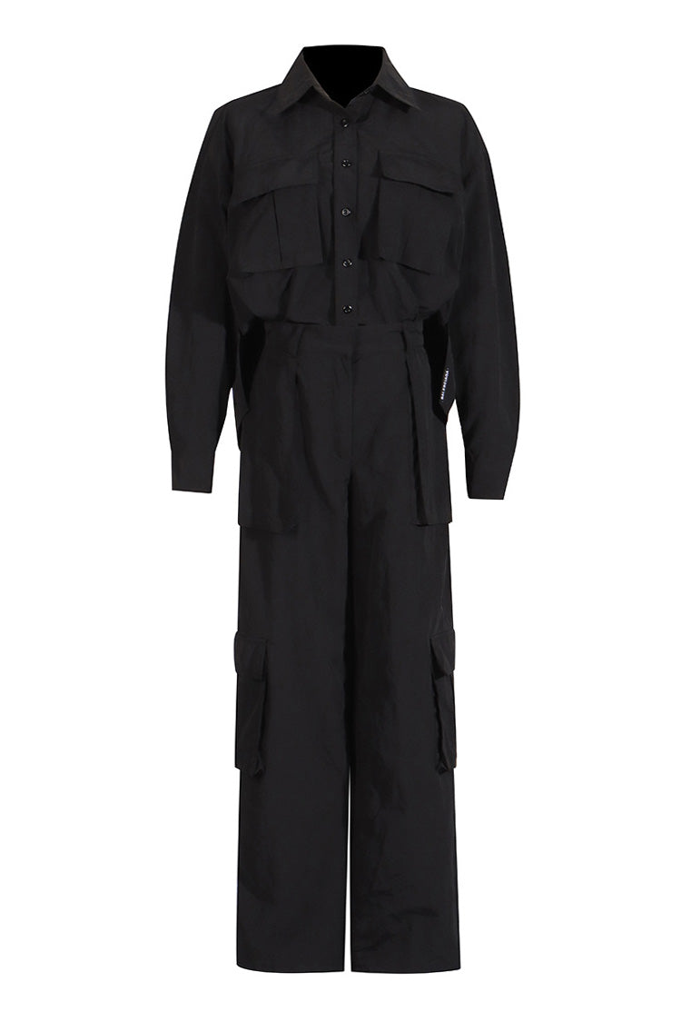 Versatile Point Collar Button Up Long Sleeve Wide Leg Cargo Jumpsuit