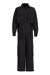 Versatile Point Collar Button Up Long Sleeve Wide Leg Cargo Jumpsuit