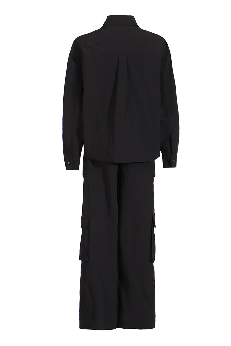 Versatile Point Collar Button Up Long Sleeve Wide Leg Cargo Jumpsuit