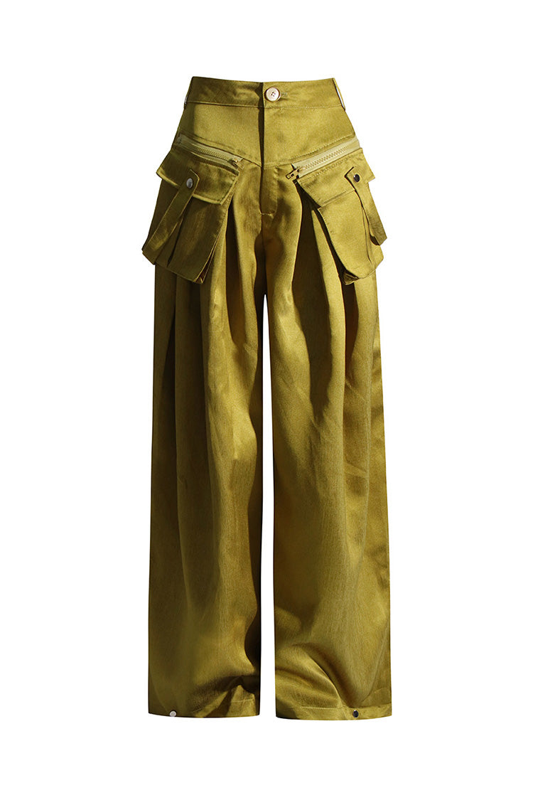 Versatile Ruched Zip Trim Cargo Pocket High Rise Wide Leg Full Length Pants