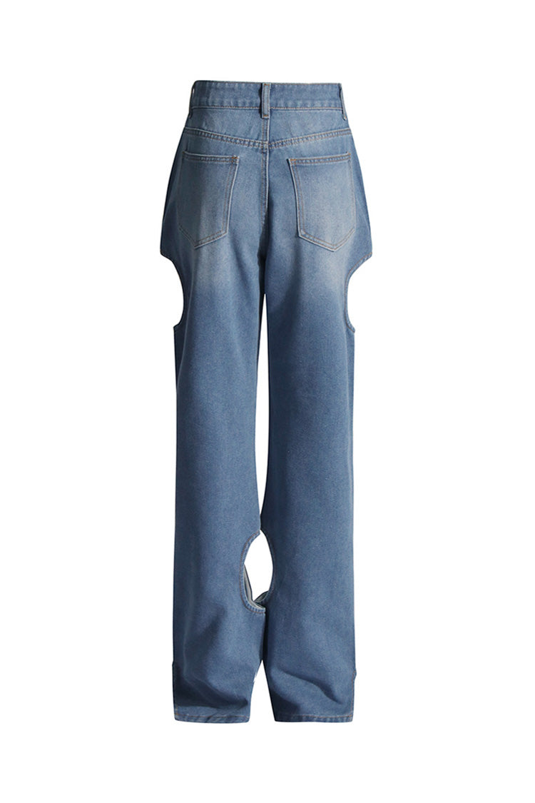 Vintage Cutout High Waist Full Length Whisker Straight Leg Faded Jeans