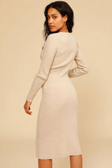 Vintage Cutout Long Sleeve Winter Pullover Sweater Midi Dress - Beige