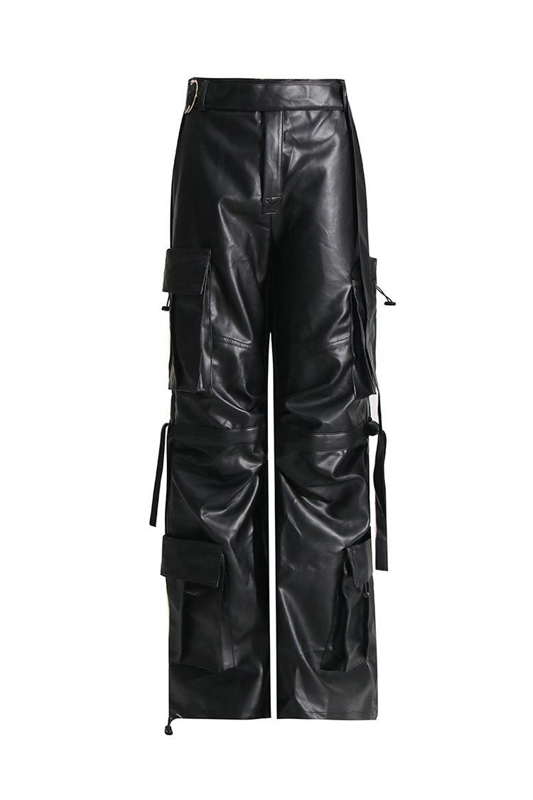 Vintage Draped Multiple Pocket High Waist Wide Leg Leather Cargo Pants