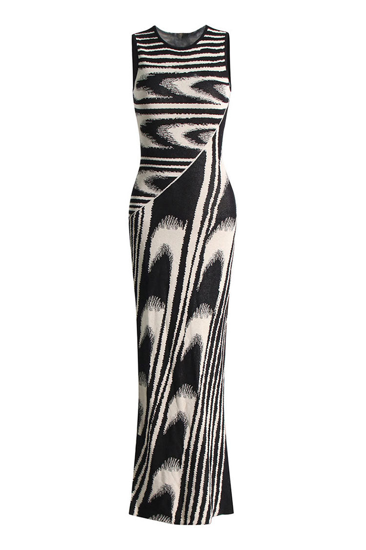 Vintage Geometric Print Crew Neck Sleeveless Bodycon Sweater Maxi Dress