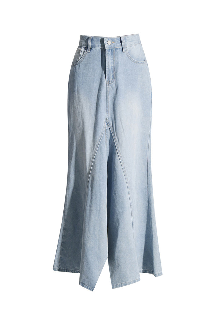 Vintage High Waist Split Mermaid Paneled Effect Faded Denim Maxi Skirt