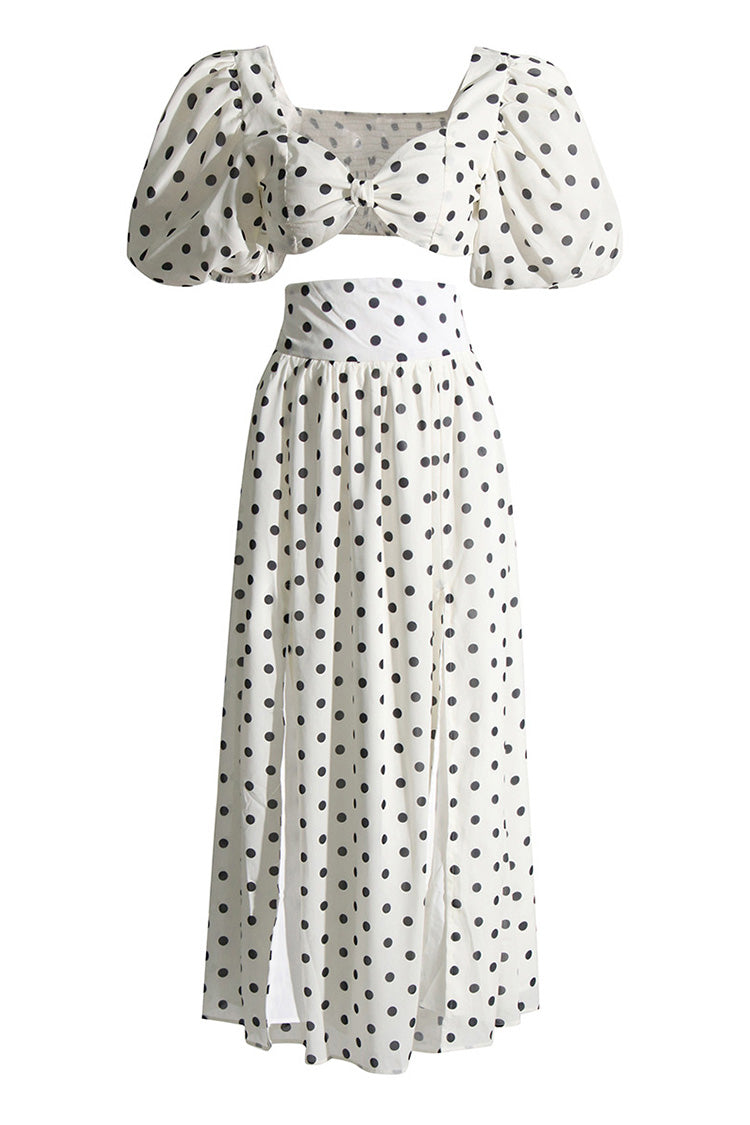 Vintage Polka Dot Puff Sleeve Bra Top High Rise Split Two Piece Maxi Dress