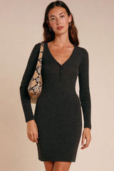 Vintage V Neck Halter Button Long Sleeve Fitted Sweater Mini Dress - Black